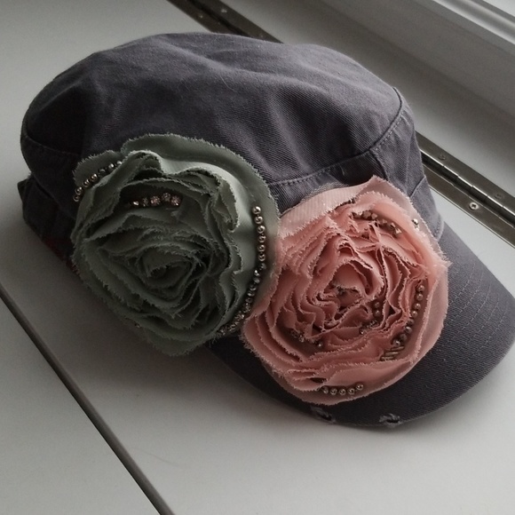 Accessories - DISTRESSED HAT WITH ROSE AND BEAD ACCENTS